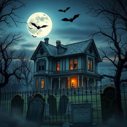 A realistic Halloween background showcasing a haunted mansion set against a twilight sky