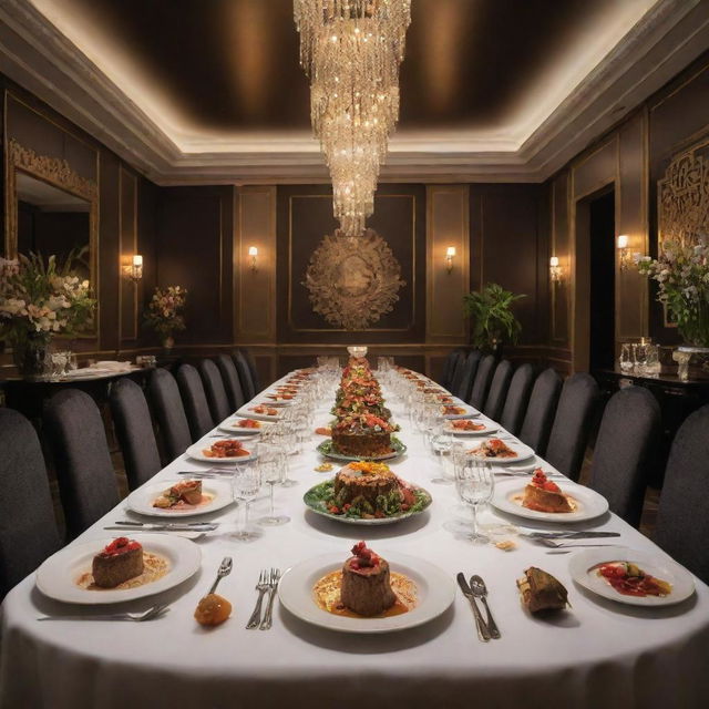 An extravagant dinner worth $1,000,000, showcasing a lavish spread of gourmet dishes, exquisite presentation, luxurious settings and premium ingredients