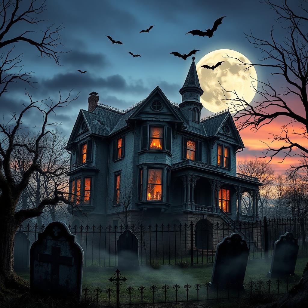 A realistic Halloween background showcasing a haunted mansion set against a twilight sky