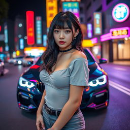 An extreme portrayal of a gorgeous 30-year-old Korean girl with bangs, showcased in a full-body shot against the dynamic backdrop of a sleek BMW car parked on a vibrant nightclub road