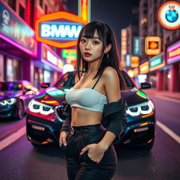 An extreme portrayal of a gorgeous 30-year-old Korean girl with bangs, showcased in a full-body shot against the dynamic backdrop of a sleek BMW car parked on a vibrant nightclub road