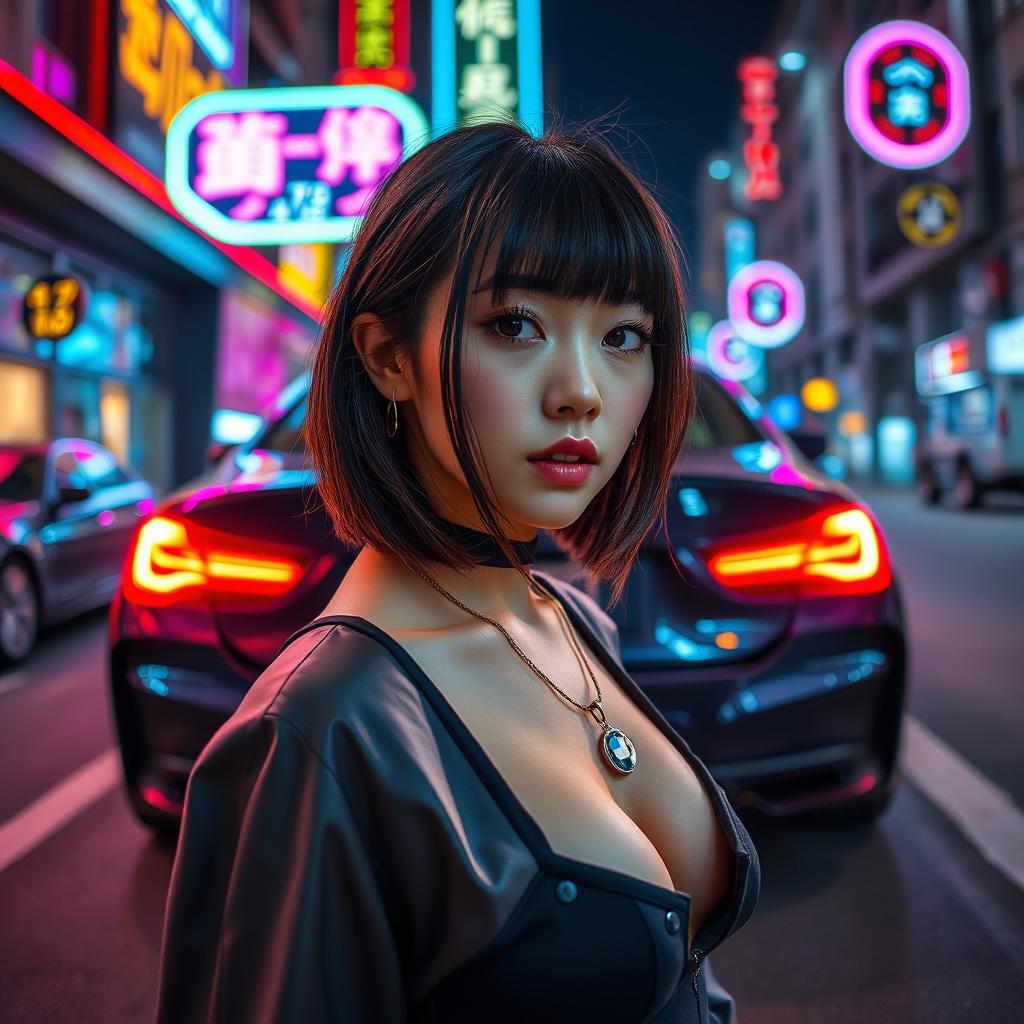 An extreme portrayal of a gorgeous 30-year-old Korean girl with bangs, showcased in a full-body shot against the dynamic backdrop of a sleek BMW car parked on a vibrant nightclub road