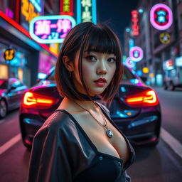 An extreme portrayal of a gorgeous 30-year-old Korean girl with bangs, showcased in a full-body shot against the dynamic backdrop of a sleek BMW car parked on a vibrant nightclub road