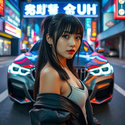 An extreme portrayal of a gorgeous 30-year-old Korean girl with bangs, showcased in a full-body shot against the dynamic backdrop of a sleek BMW car parked on a vibrant nightclub road