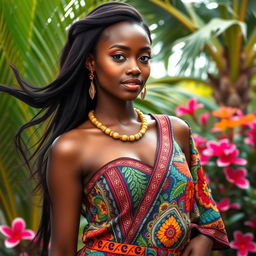 A beautiful and sensual African girl with radiant skin, wearing a vibrant, colorful traditional outfit adorned with intricate patterns