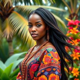 A beautiful and sensual African girl with radiant skin, wearing a vibrant, colorful traditional outfit adorned with intricate patterns