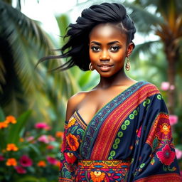 A beautiful and sensual African girl with radiant skin, wearing a vibrant, colorful traditional outfit adorned with intricate patterns