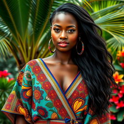 A beautiful and sensual African girl with radiant skin, wearing a vibrant, colorful traditional outfit adorned with intricate patterns