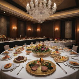 An extravagant dinner worth $1,000,000, showcasing a lavish spread of gourmet dishes, exquisite presentation, luxurious settings and premium ingredients