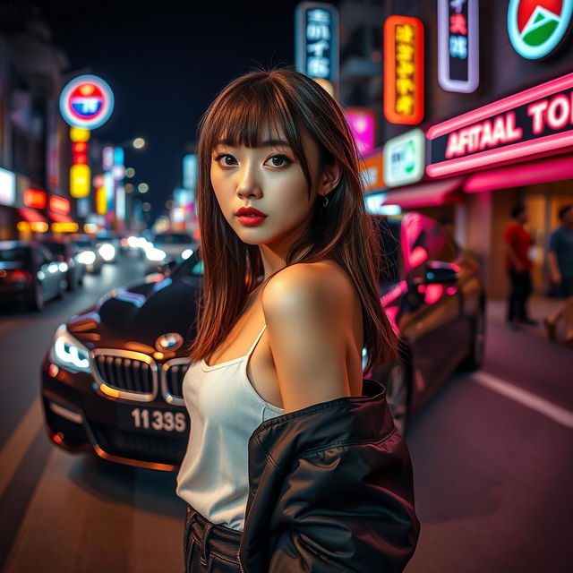 An extreme portrayal of a gorgeous 30-year-old Korean girl with bangs, captured in a full-body shot against the backdrop of a sleek BMW car parked on a bustling nightclub road