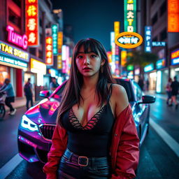 An extreme portrayal of a gorgeous 30-year-old Korean girl with bangs, captured in a full-body shot against the backdrop of a sleek BMW car parked on a bustling nightclub road