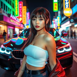 An extreme portrayal of a gorgeous 30-year-old Korean girl with bangs, captured in a full-body shot against the backdrop of a sleek BMW car parked on a bustling nightclub road