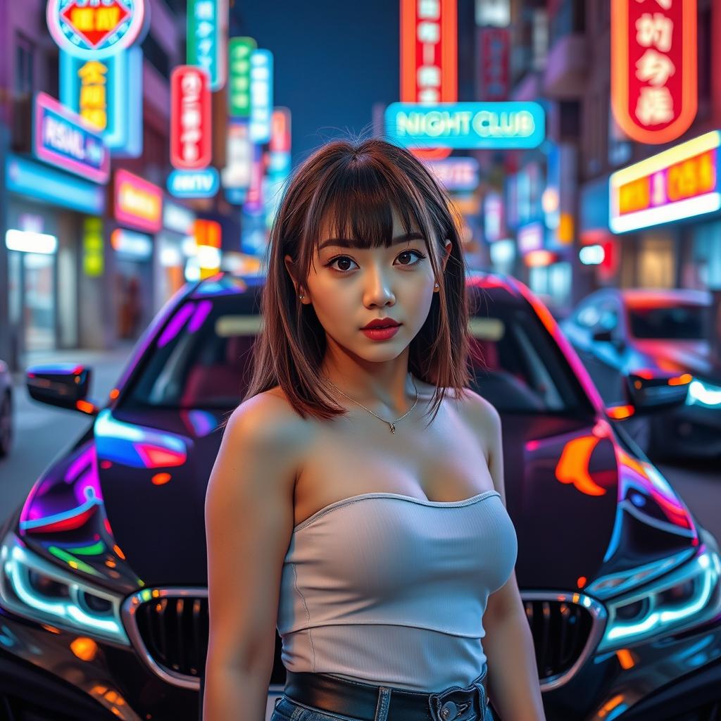 An extreme portrayal of a gorgeous 30-year-old Korean girl with bangs, captured in a full-body shot against the backdrop of a sleek BMW car parked on a bustling nightclub road