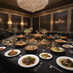 An extravagant dinner worth $1,000,000, showcasing a lavish spread of gourmet dishes, exquisite presentation, luxurious settings and premium ingredients