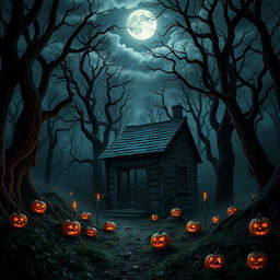 A realistic Halloween background featuring a haunted forest scene at night