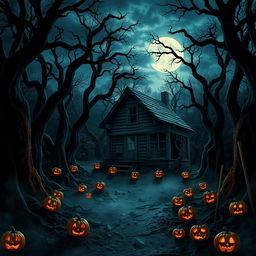 A realistic Halloween background featuring a haunted forest scene at night