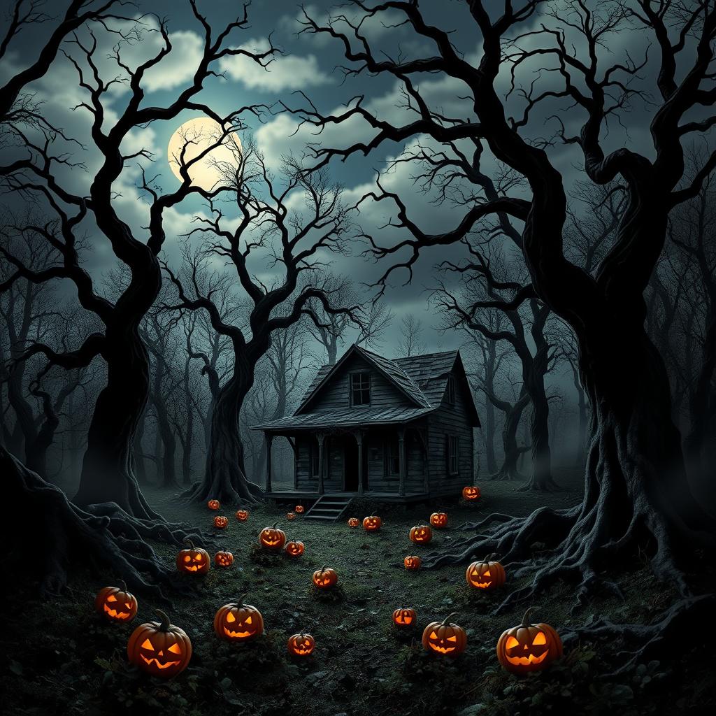 A realistic Halloween background featuring a haunted forest scene at night