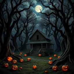 A realistic Halloween background featuring a haunted forest scene at night