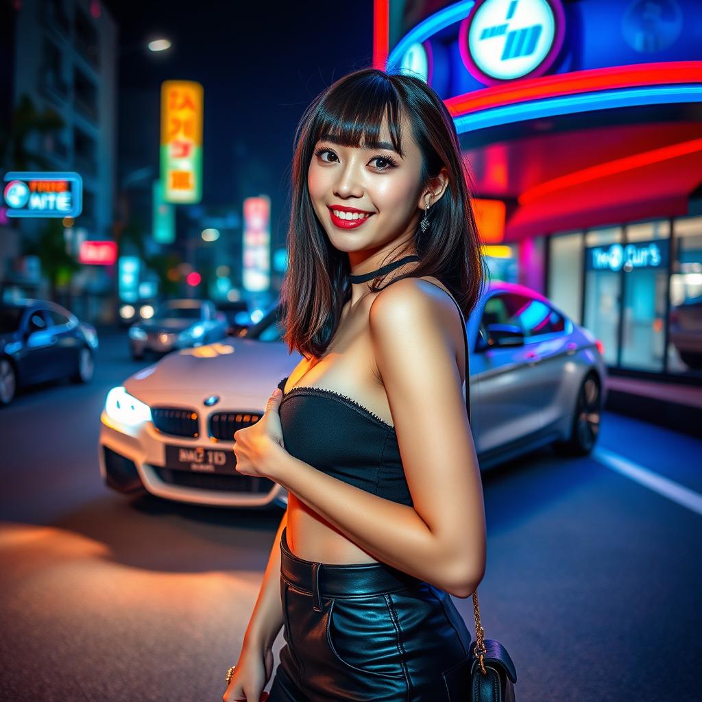 An extreme portrayal of a gorgeous 30-year-old Korean girl with bangs, depicted in a full-body shot against the stylish backdrop of a sleek BMW car on a lively nightclub road