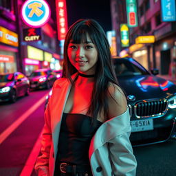 An extreme portrayal of a gorgeous 30-year-old Korean girl with bangs, depicted in a full-body shot against the stylish backdrop of a sleek BMW car on a lively nightclub road