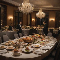 An extravagant dinner worth $1,000,000, showcasing a lavish spread of gourmet dishes, exquisite presentation, luxurious settings and premium ingredients