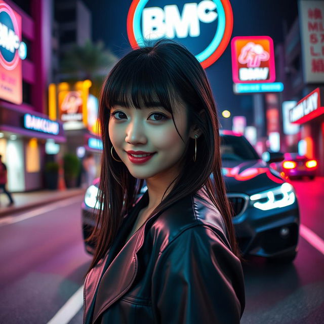 An extreme portrayal of a gorgeous 30-year-old Korean girl with bangs, depicted in a full-body shot against the stylish backdrop of a sleek BMW car on a lively nightclub road