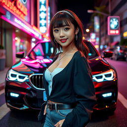 An extreme portrayal of a gorgeous 30-year-old Korean girl with bangs, depicted in a full-body shot against the stylish backdrop of a sleek BMW car on a lively nightclub road