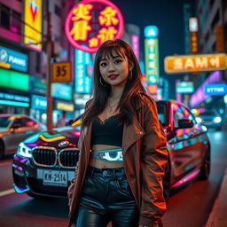 An extreme portrayal of a gorgeous 30-year-old Korean girl with stylish bangs, depicted in a full-body view against the backdrop of a sleek BMW car parked on a bustling nightclub road