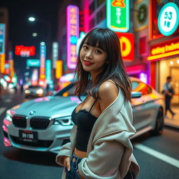 An extreme portrayal of a gorgeous 30-year-old Korean girl with stylish bangs, depicted in a full-body view against the backdrop of a sleek BMW car parked on a bustling nightclub road