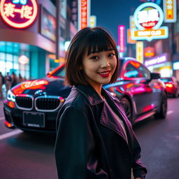 An extreme portrayal of a gorgeous 30-year-old Korean girl with stylish bangs, depicted in a full-body view against the backdrop of a sleek BMW car parked on a bustling nightclub road