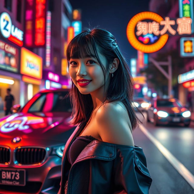 An extreme portrayal of a gorgeous 30-year-old Korean girl with stylish bangs, depicted in a full-body view against the backdrop of a sleek BMW car parked on a bustling nightclub road