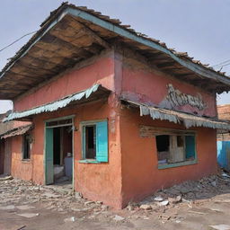 A mixture of comic book style and lineart in bold, natural colors, depicting a crumbling, cracked roof in a bustling Indian bar, on the verge of collapse.