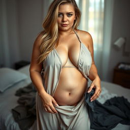 A realistic RAW photo of a 40-year-old curvy woman in a well-lit bedroom