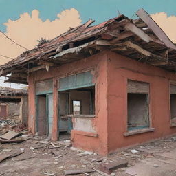 A mixture of comic book style and lineart in bold, natural colors, depicting a crumbling, cracked roof in a bustling Indian bar, on the verge of collapse.