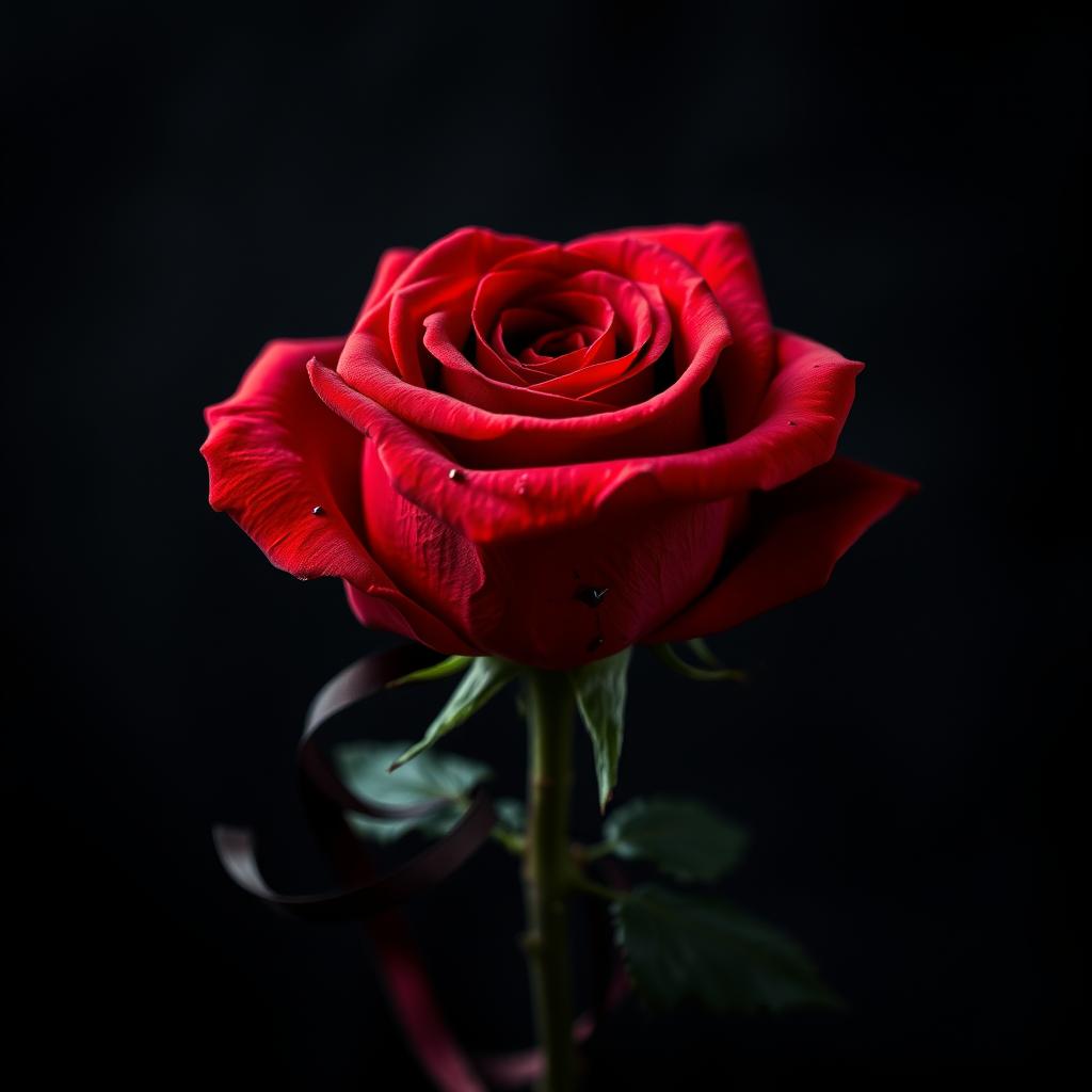 A striking red rose drenched in blood, its petals vivid and glossy against a dark, contrasting background