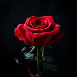 A striking red rose drenched in blood, its petals vivid and glossy against a dark, contrasting background