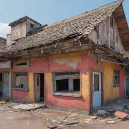 A mixture of comic book style and lineart in bold, natural colors, depicting a crumbling, cracked roof in a bustling Indian bar, on the verge of collapse.