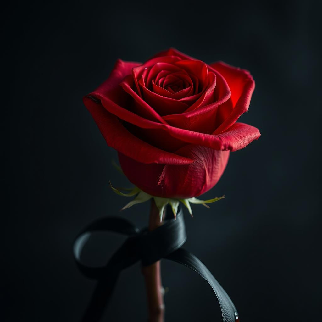 A striking red rose drenched in blood, its petals vivid and glossy against a dark, contrasting background