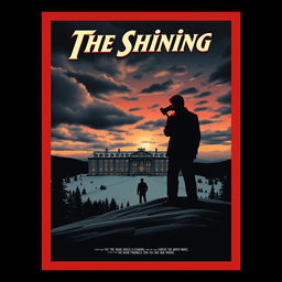 A retro-style movie poster inspired by The Shining, featuring a menacing landscape of the Overlook Hotel covered in snow, with dramatic clouds in a twilight sky