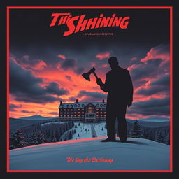 A retro-style movie poster inspired by The Shining, featuring a menacing landscape of the Overlook Hotel covered in snow, with dramatic clouds in a twilight sky