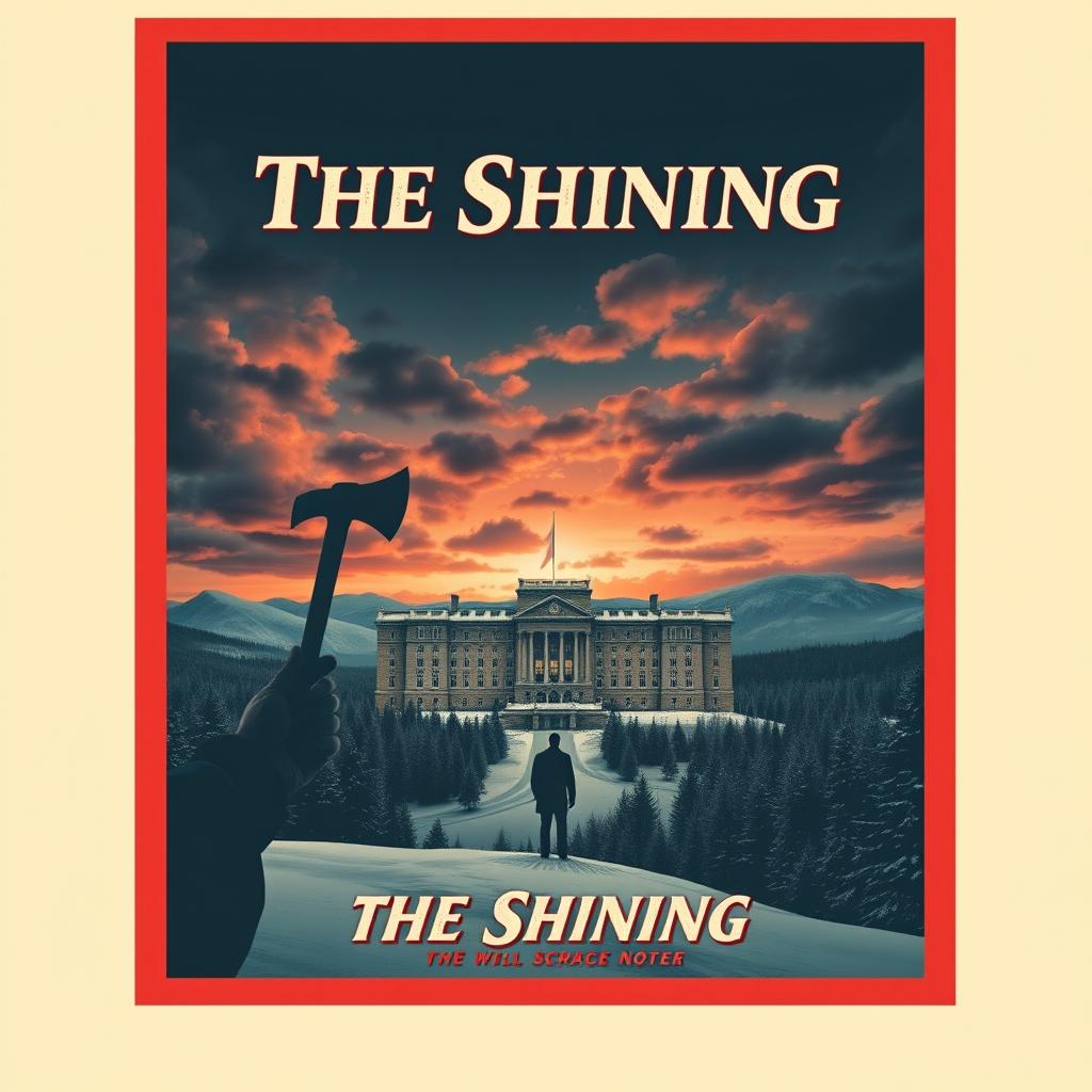 A retro-style movie poster inspired by The Shining, featuring a menacing landscape of the Overlook Hotel covered in snow, with dramatic clouds in a twilight sky