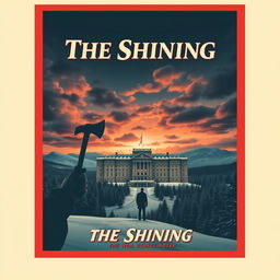 A retro-style movie poster inspired by The Shining, featuring a menacing landscape of the Overlook Hotel covered in snow, with dramatic clouds in a twilight sky