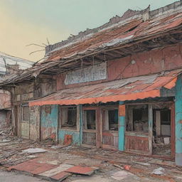 A mixture of comic book style and lineart in bold, natural colors, depicting a crumbling, cracked roof in a bustling Indian bar, on the verge of collapse.