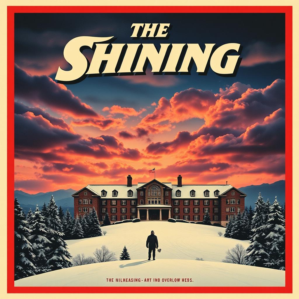 A retro-style movie poster inspired by The Shining, featuring a menacing landscape of the Overlook Hotel covered in snow, with dramatic clouds in a twilight sky