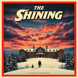 A retro-style movie poster inspired by The Shining, featuring a menacing landscape of the Overlook Hotel covered in snow, with dramatic clouds in a twilight sky