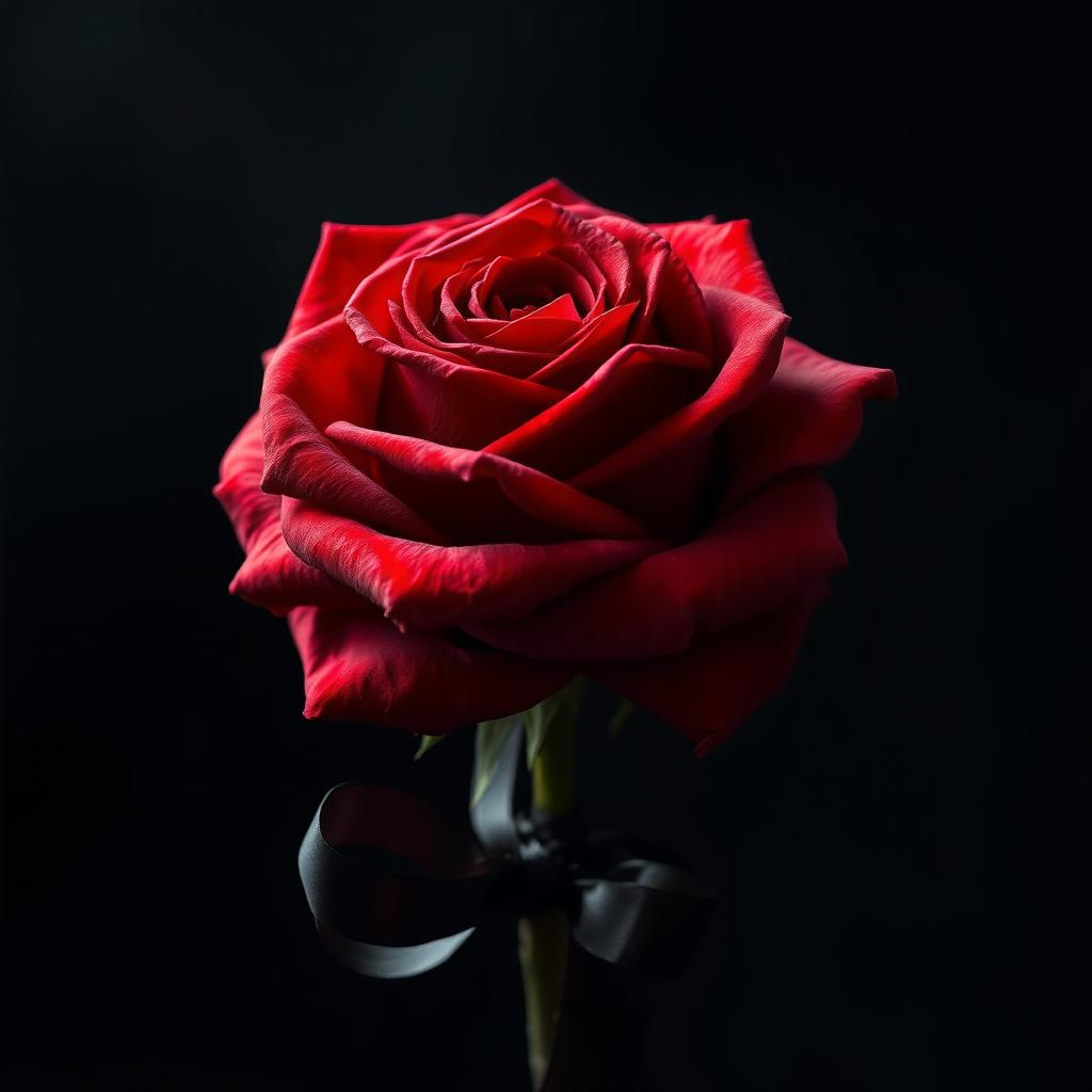 A full, blooming red rose completely covered in blood, showcasing its vibrant petals glistening under soft light