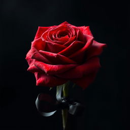 A full, blooming red rose completely covered in blood, showcasing its vibrant petals glistening under soft light