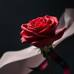 A full, blooming red rose completely covered in blood, showcasing its vibrant petals glistening under soft light