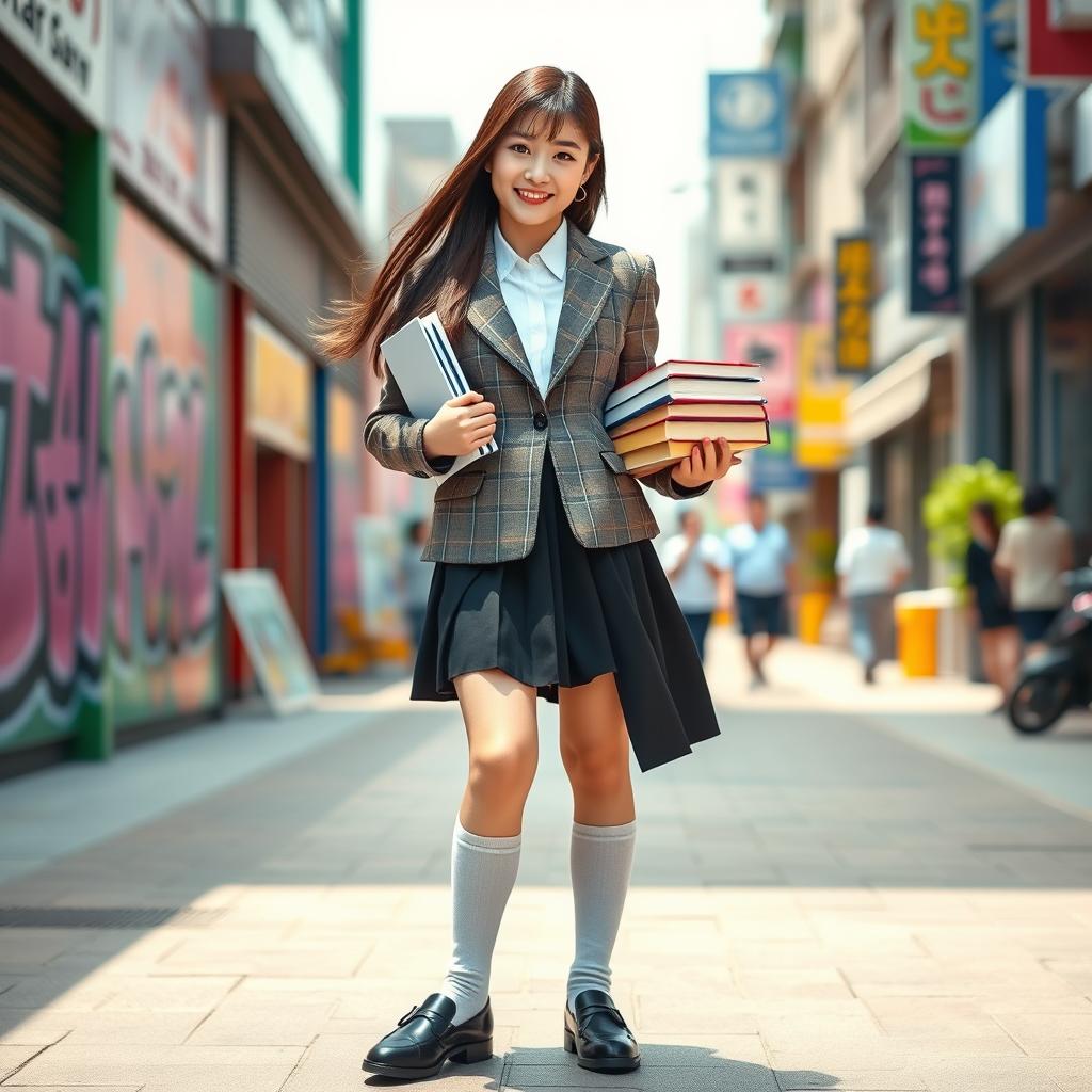 A confident teenage girl embodying Korean schoolgirl fashion, standing proudly in a vibrant urban setting