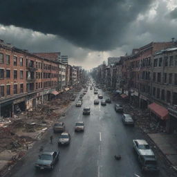 A chilling image of a city overrun during a zombie apocalypse, showcasing deserted streets, abandoned cars, and looming hordes of zombies under a foreboding, cloudy sky.